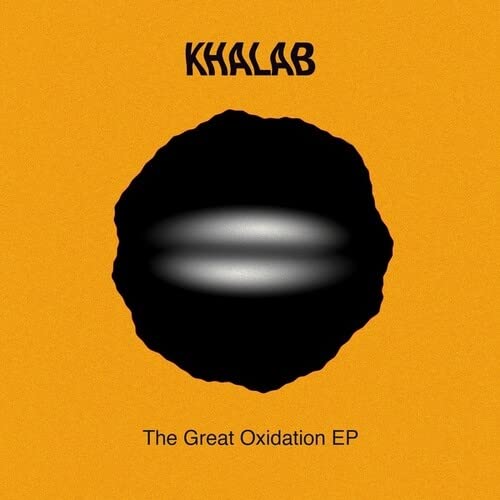 Album cover with an orange background, black central blob, and white text.