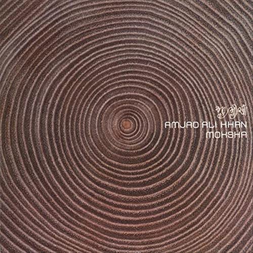Vinyl record cover with concentric brown rings and album title “Moksha”.
