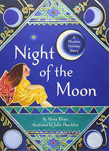 Book cover: girl looking at a crescent moon, Islamic patterns.
