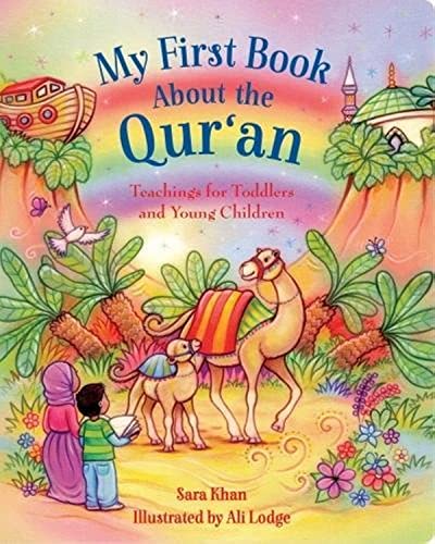 Children’s book cover depicting camels, a mosque, and figures with a book.