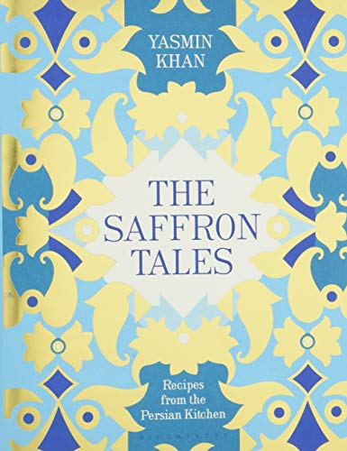 Cookbook cover, “The Saffron Tales” by Yasmin Khan, with floral design.
