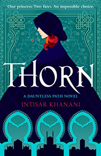 Book cover: profile of a woman in a hooded cloak, ornate teal background.