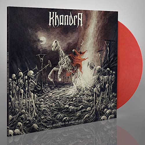 Red vinyl record with dark album art depicting skeletal figures and a rider.