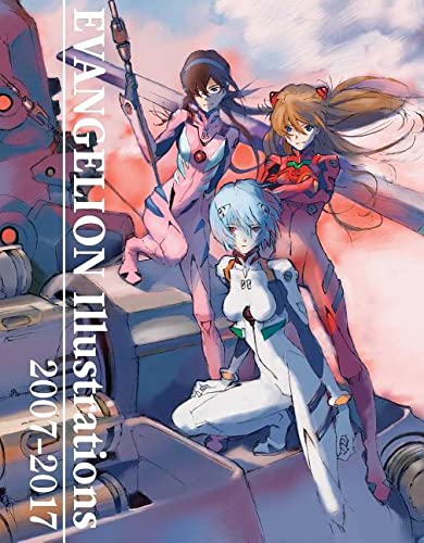 Three anime characters in plugsuits stand on a mechanical structure against a cloudy sky.