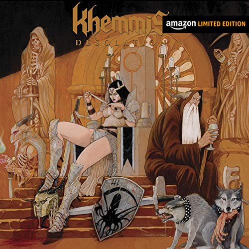 Album cover of "Khemmis - Desolation" featuring medieval fantasy artwork with figures and wolves.