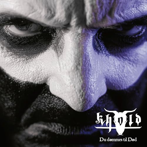 Close-up of a face with corpse paint, album cover for Khold’s “Du Dommes Til Dod.”