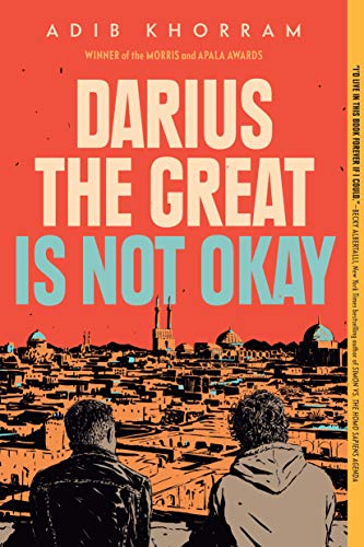 Book cover featuring two people looking out over an illustrated cityscape against red sky.