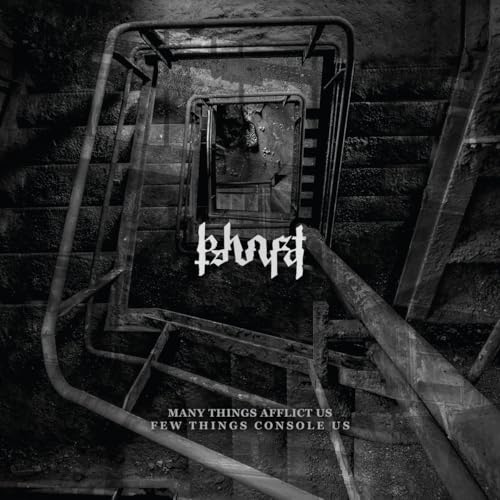 Black and white vinyl album cover with a metal staircase design.