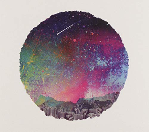 Circular album cover with a colorful, splattered galaxy and mountain silhouette.