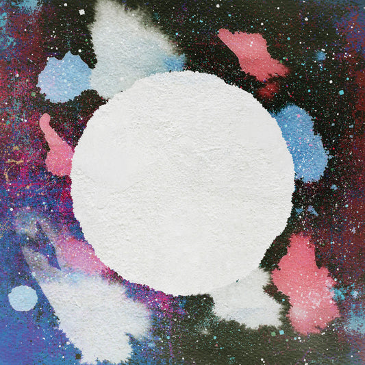 Album cover with a large white circle surrounded by colorful, speckled clouds.
