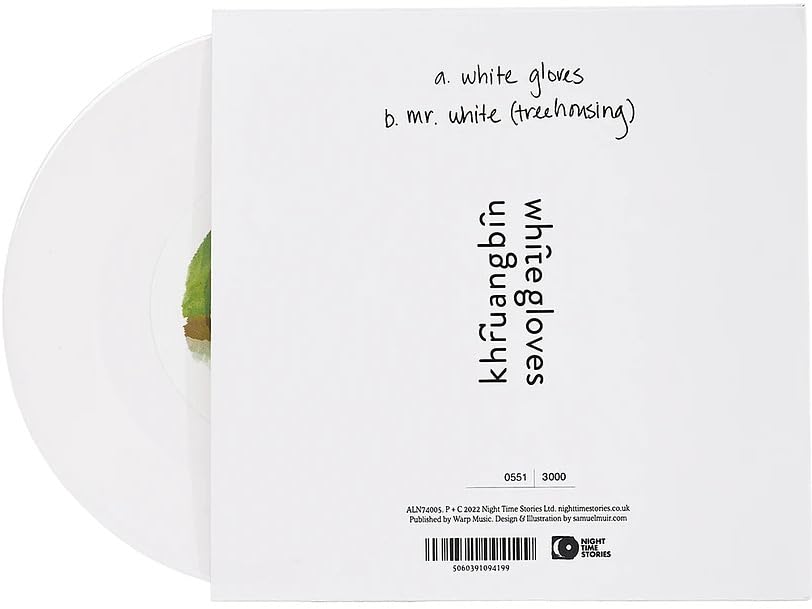 Two white vinyl records with minimalist white sleeve featuring handwritten text.
