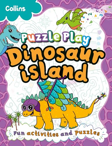 Book cover featuring cartoon dinosaurs, puzzle themes, and the title Puzzle Play Dinosaur Island.