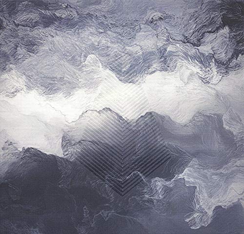 Abstract grey and white textured clouds with a central geometric chevron pattern overlay.