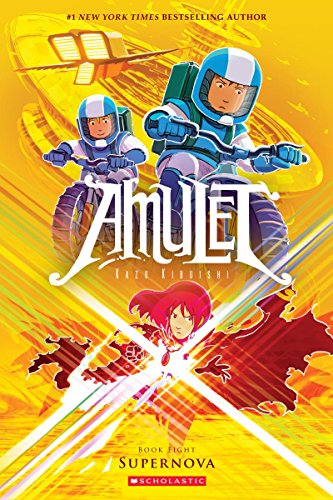 Two characters in space helmets ride vehicles above a girl with a glowing amulet.