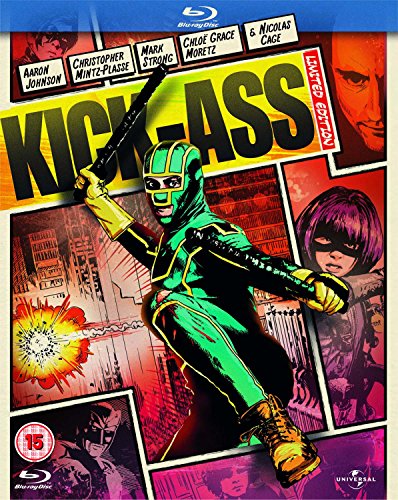 Kick-Ass" Blu-ray cover featuring a masked superhero and comic book style art.