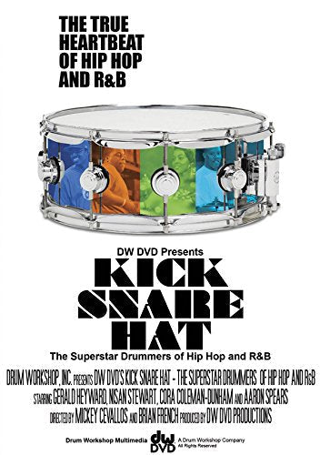 DVD cover for “Kick Snare Hat” featuring a snare drum with drummer portraits.