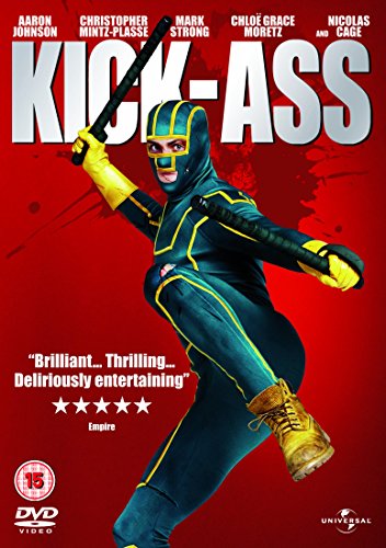 Kick-Ass" DVD cover featuring a superhero in a blue and yellow suit.