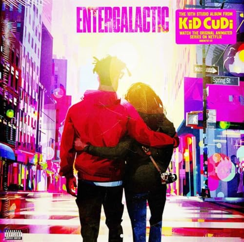 Colorful city street scene with couple embracing, bright lights and bold text overlay.