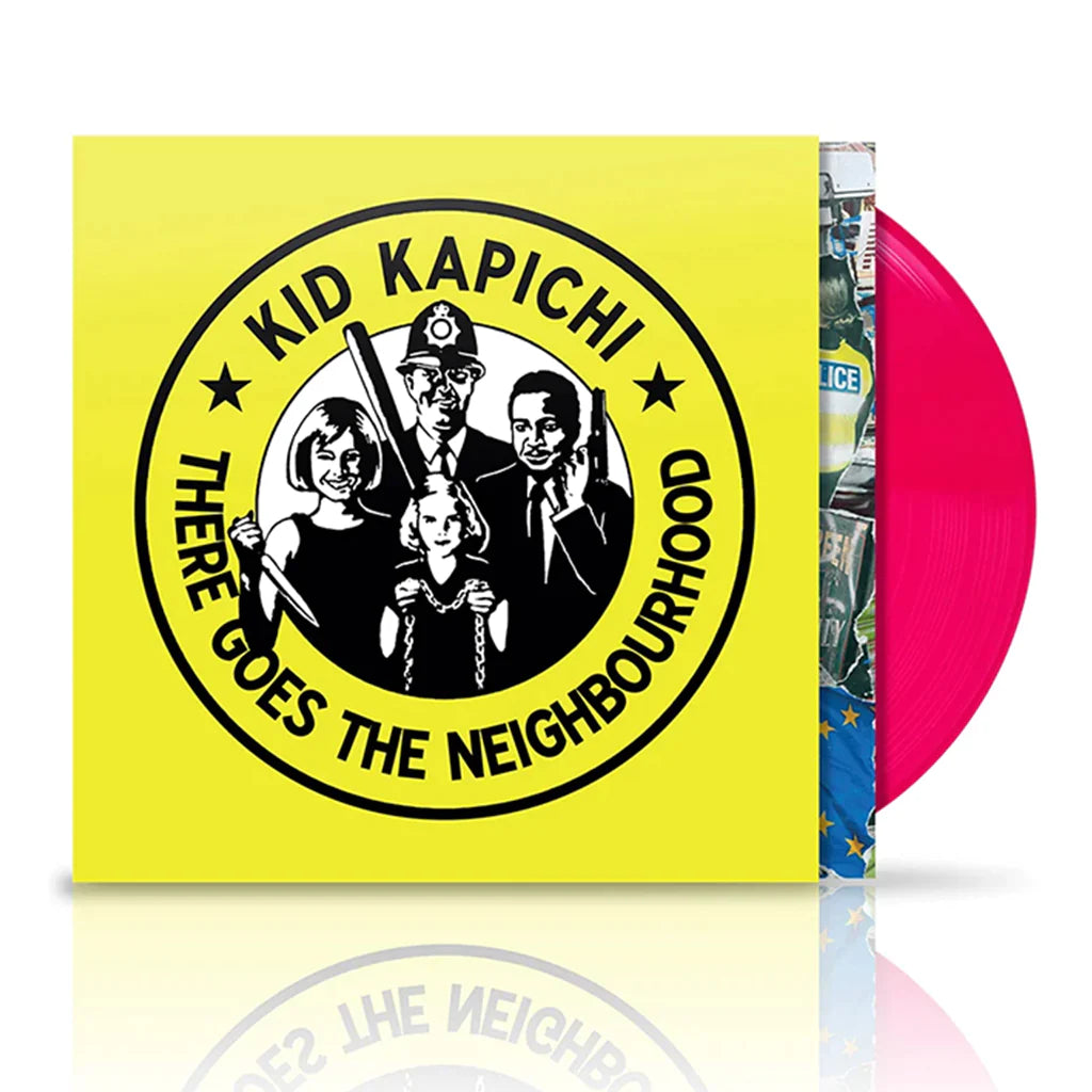 Kid Kapichi vinyl record with yellow label and police illustration.