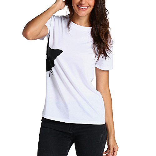 Woman wearing a white t-shirt with a black cat face graphic.
