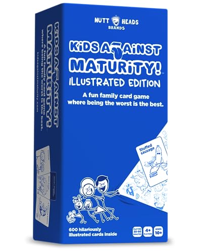 Blue box for "Kids Against Maturity" card game with illustrated figures.
