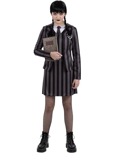 Girl in striped school uniform costume with book and black boots.