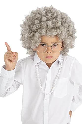 Child wearing a curly gray wig and glasses, pointing.