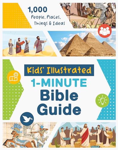 Kids’ Bible guide cover with illustrated scenes of biblical people and places.