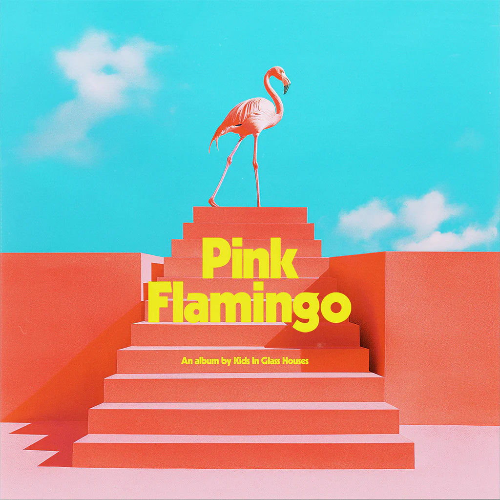 Album cover: pink flamingo standing on orange steps against a blue sky.