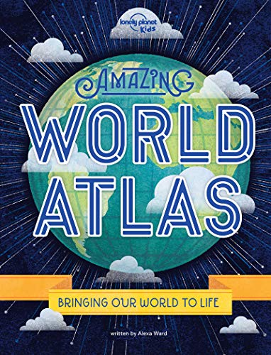 Book cover for Amazing World Atlas featuring a globe, clouds, and text on blue background.