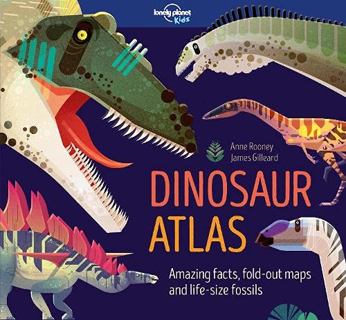 Colorful illustrated cover of “Dinosaur Atlas” featuring various dinosaur species.