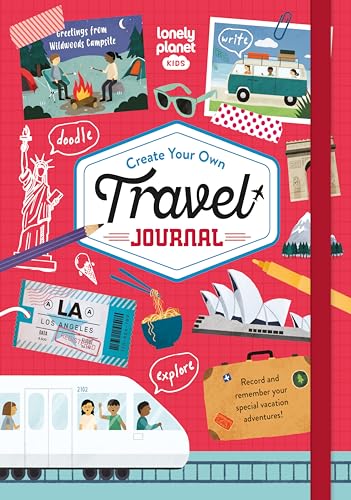 Red cover of a Lonely Planet travel journal featuring travel-themed illustrations and stickers.