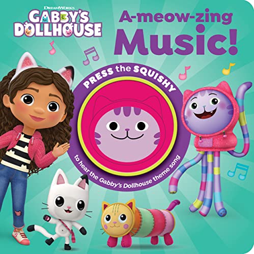 Gabby’s Dollhouse book with characters and a large pink squishy button.