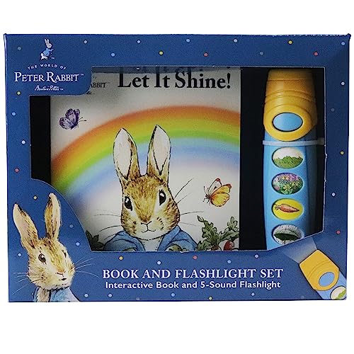 Peter Rabbit book and yellow flashlight set in a blue box.