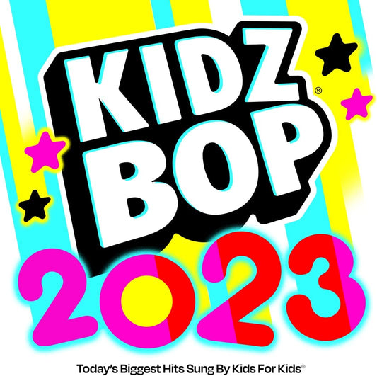KIDZ BOP 2023 album cover with colorful text and star graphics.