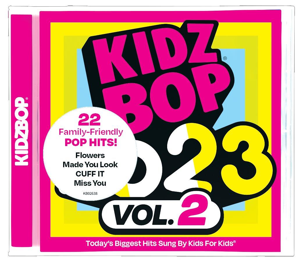 "KIDZ BOP 2023 Vol. 2 CD cover with pink, yellow, and blue design."