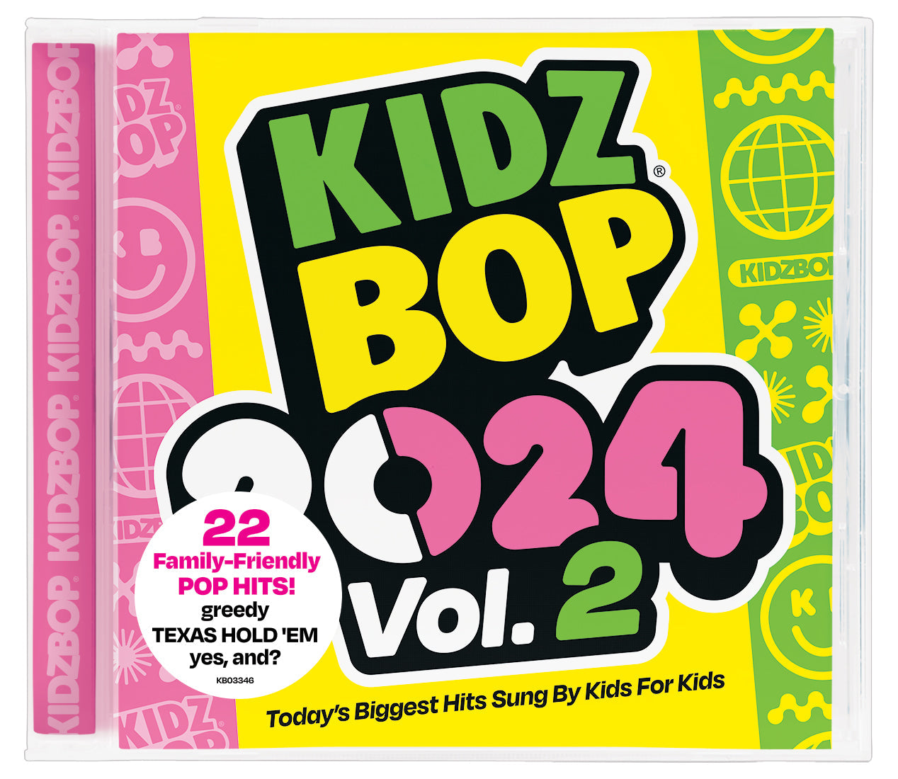 CD cover for KIDZ BOP 2024 Vol. 2, bright yellow with colorful text.