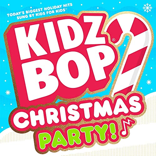 Kidz Bop Christmas Party CD cover with candy cane and colorful text.