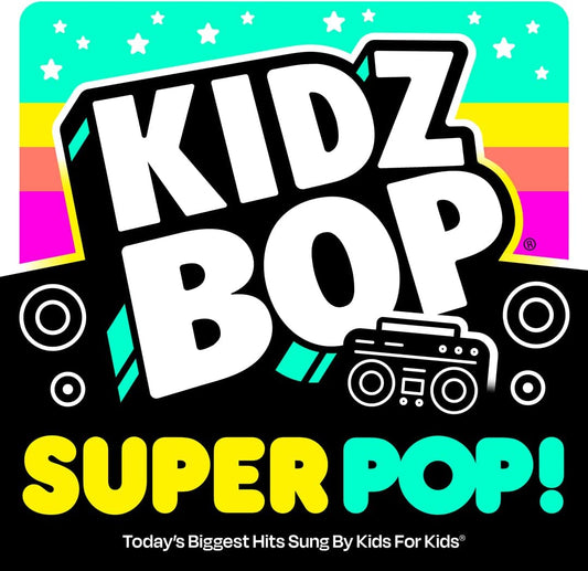 "KIDZ BOP Super POP!" CD cover with colorful background, white stars, and a boombox.