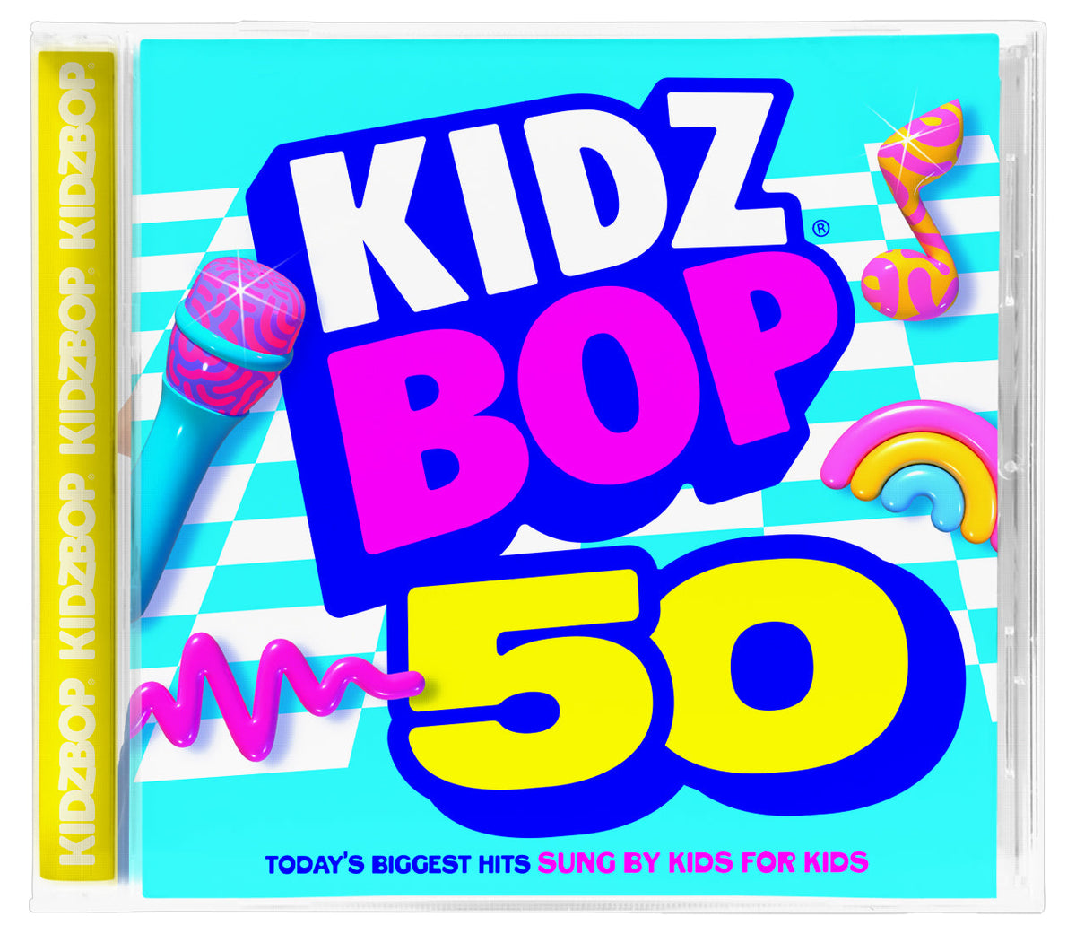 Kidz Bop 50 CD cover with colorful text and party decorations.