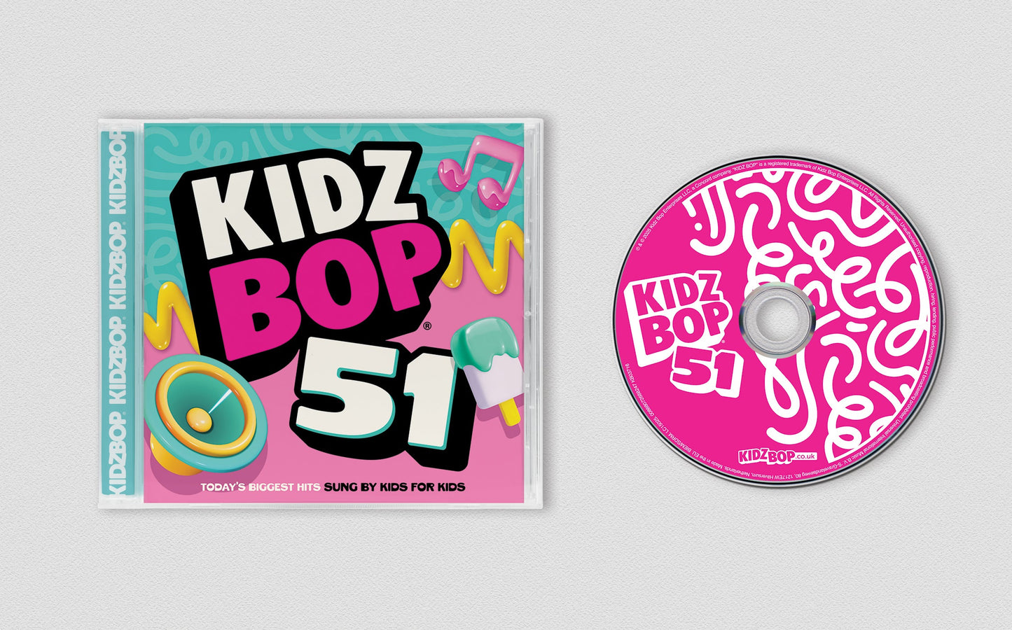 Kidz Bop 51 CD case and disc with colorful graphics.