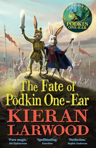 Two anthropomorphic rabbits in armor stand on a hill before an army of rabbits.