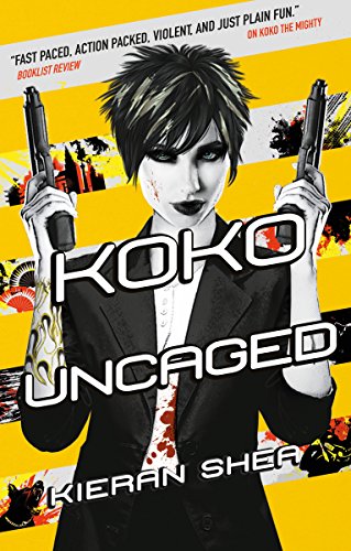 Book cover: woman with guns, blood spatter, and bold "Koko Uncaged" title.