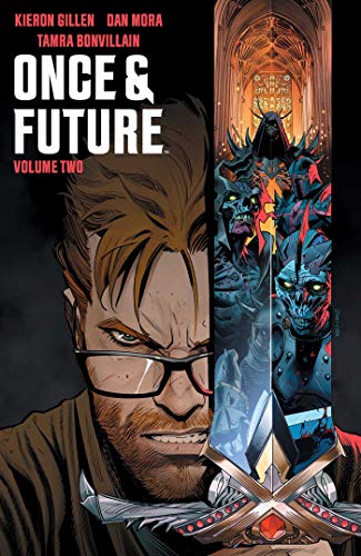 Comic book cover: man with sword, knights in spectral background.