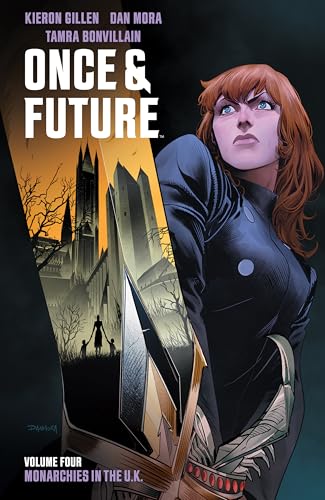 Comic book cover: woman with red hair, castle, and sword imagery.