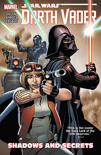 Darth Vader, a woman with a blaster, and two droids on a comic book cover.