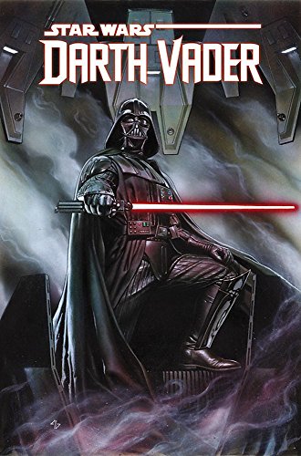 Darth Vader sits on a throne, holding a glowing red lightsaber.