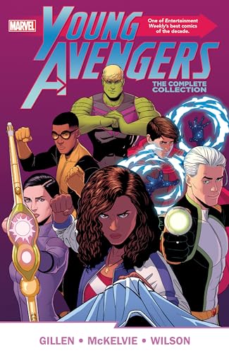 Cover of “Young Avengers” comic collection featuring six diverse superheroes.