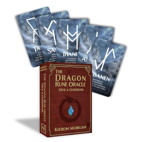 Red book and scattered rune cards with swirling blue and grey imagery.