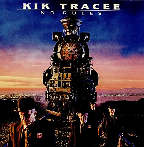 CD cover featuring three men in suits and hats before a steampunk locomotive.